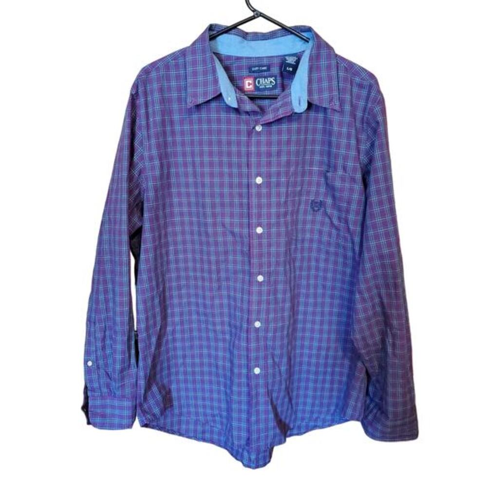 Chaps Easy Care Mens Size L Button Up Shirt Burgundy Green Plaid Long‎ Sleeve